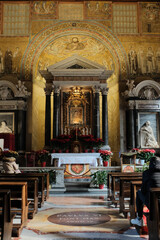 Archbasilica of Saint John Lateran interior Rome golden coffered ceiling marble columns statues ornate chapels baptistery and apse Catholic basilica Italy. High quality photo © Thao