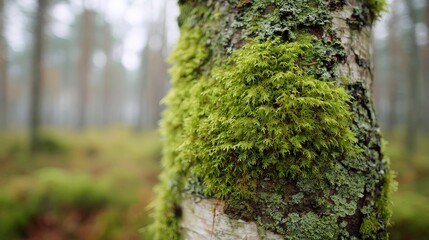 Obraz premium Close-Up Of Moss-Covered Tree Trunk In A Misty Forest. Nature'S Resilience And Tranquility