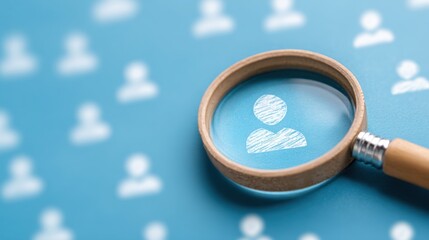 A magnifying glass magnifies user icons on a blue background symbolizing the exploration of social connections and online identities in todays digital age.