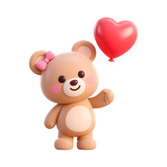 Obraz premium Adorable Cartoon Teddy Bear Holding a Red Heart Balloon on Transparent Background