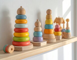 Wooden stacking toys on a shelf