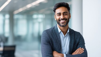Fototapeta premium A confident man stands with his arms crossed in a contemporary office setting. Natural light filters through the glass windows highlighting his friendly demeanor and professional attire.