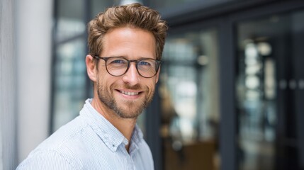 A man with light brown hair and glasses smiles confidently while standing in an office space. Sunlight casts a warm glow on the modern design around him.
