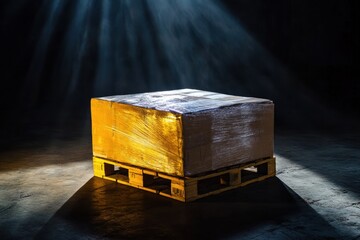 Pallet with wrapped goods illuminated by dramatic lighting in a dark setting at an industrial location