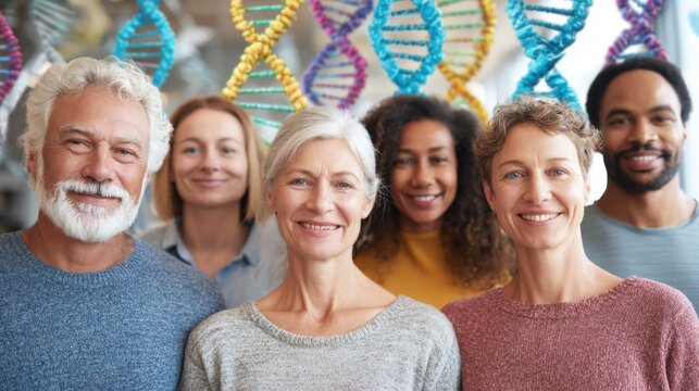 A group of six diverse individuals poses together in a bright laboratory. They are smiling and appear engaged. Colorful DNA models hang in the background adding a scientific touch to the atmosphere.