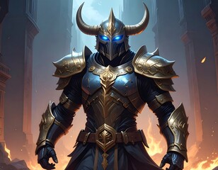 Powerful armored figure, fierce stance, glowing eyes