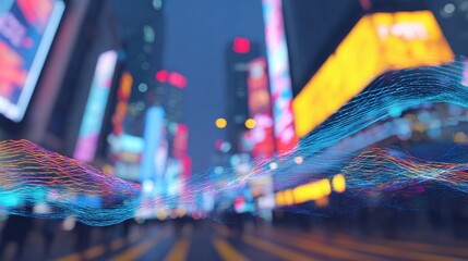 Vibrant Cityscape With Digital Wave Overlay At Night. Futuristic Urban Technology Concept