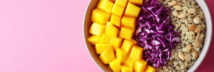 Colorful quinoa bowl with mango, purple cabbage, and nuts on a pink background perfect for healthy eating and meal prep ideas