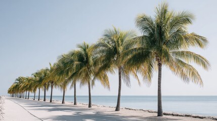 Obraz premium Row Of Palm Trees Along A Serene Beachside Path. Tropical Paradise And Relaxation