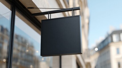 Black Blank Signboard Hanging On Building Exterior. Ideal For Business Branding And Advertising