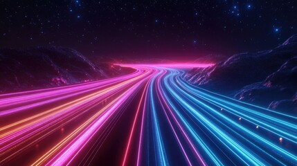 Obraz premium Neon lights streak across a winding night road