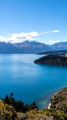 Panoramic view of a lake and mountains