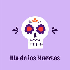 Background hand drawn purple illustration for Dia de Muertos or Day of the Dead with doodle skull. Postcard, wallpaper, banner, poster