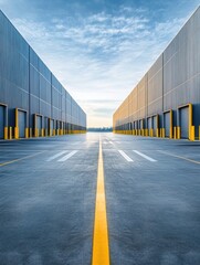 Modern warehouse with large loading docks and clear sky in the background during late afternoon light