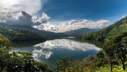 Lake Suchitlan In Suchitoto El Salvador Creates A Mirror Reflection Of Dramatic Clouds Trees And Rolling Hills A Stunning Scene Ideal For Nature Travel And Landscape Photography Themes