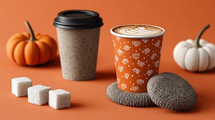 pumpkin spice café pattern, takeaway cups, latte art, sugar cubes