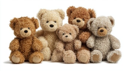 Fototapeta premium A delightful assembly of five teddy bears showcases a range of colors and sizes. Each bear has a unique expression enhancing the cheerful and comforting atmosphere of the display.