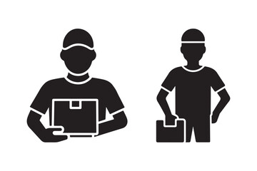 Delivery workers holding packages in silhouette icons