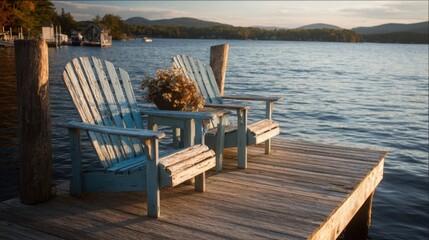 Fototapeta premium Two blue wooden chairs sit on a lakeside dock holding a flower pot. The sun sets behind distant mountains casting warm light on the tranquil water.