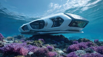 Futuristic underwater vessel over coral reef