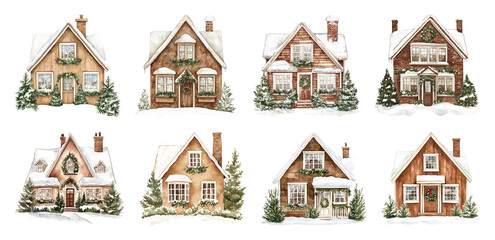 PNG Charming snowy holiday cottages illustration, element set on transparent background