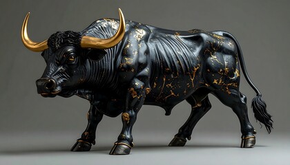 Powerful black bull statue with gold accents