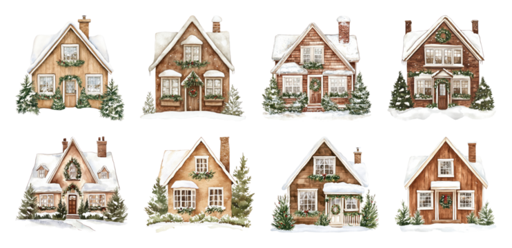 PNG Charming snowy holiday cottages illustration, element set on transparent background