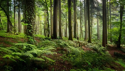 Fototapeta premium A Dense Forest With Many Tall Trees And Lush Vegetation