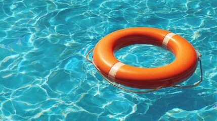 A vibrant orange lifebuoy drifts atop the shimmering water of a swimming pool catching the light of the sun. The ripples create a mesmerizing pattern around it.