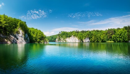 Obraz premium Serene Lake With Lush Forested Cliffs On A Sunny Day Zakrzowek Lagoon Krakow