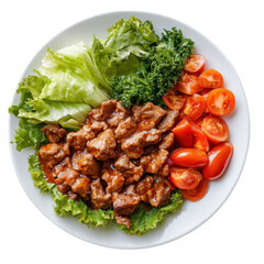 Thai food plate meal meat, A plate of Thai food featuring various meats, colorful vegetables, and aromatic herbs, beautifully arranged for a meal, isolated on transparent background