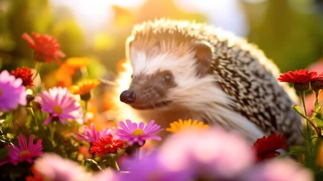 A hedgehog nestled amidst a vibrant array of colorful flowers bathed in sunlight