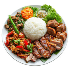 Thai food plate meal meat, A plate of Thai food featuring various meats, colorful vegetables, and aromatic herbs, beautifully arranged for a meal, isolated on transparent background