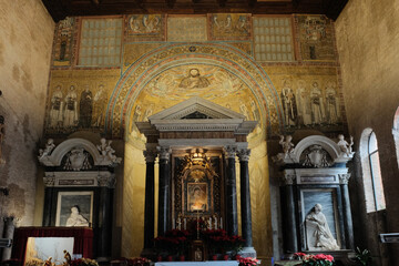 Archbasilica of Saint John Lateran interior Rome golden coffered ceiling marble columns statues ornate chapels baptistery and apse Catholic basilica Italy. High quality photo © Thao