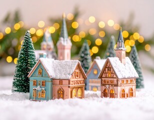 Fototapeta premium A cute gingerbread town with houses, a church, and pine trees covered in snow, with warm Christmas lights in the blurred background. A concept of cozy winter holidays