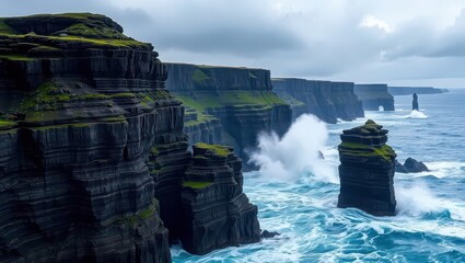 The cliffs of moher stand tall against the crashing waves of the atlantic