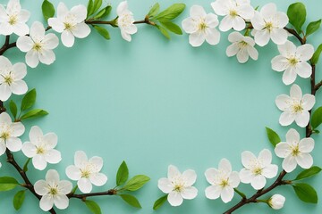 White cherry blossoms border on mint green background