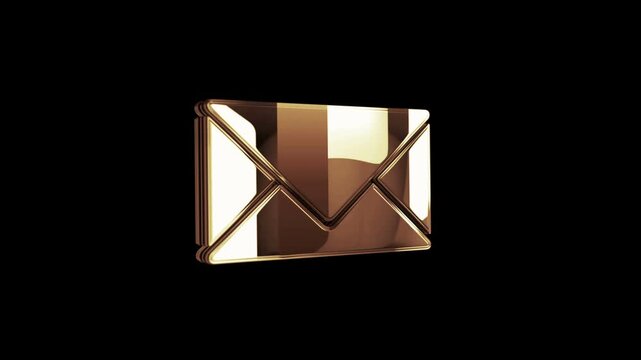 Envelope email and mail message golden metal shine rotating symbol concept. Glowing and reflection light icon abstract. Seamless looped rotate 3d animation.