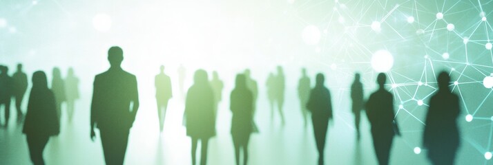 People walking in a digital network landscape during a conference, exploring technology and connections in a modern setting