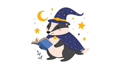 A charming badger wearing a wizard's hat and cloak, holding an open book, creates a whimsical and magical scene.