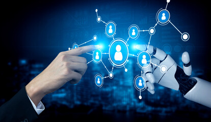 An engaging visual representation of human-robot interaction emphasizing digital networking and user connectivity in a modern, futuristic backdrop. Tessel