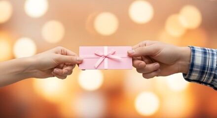 Giving a pink gift card with a ribbon bow to someone