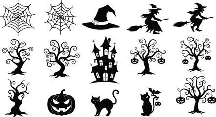Spooky Halloween Silhouettes Collection with Witches, Haunted House, Cats, Jack-o'-Lanterns, Webs, Creepy Trees, Pumpkins and Spooky Night Elements