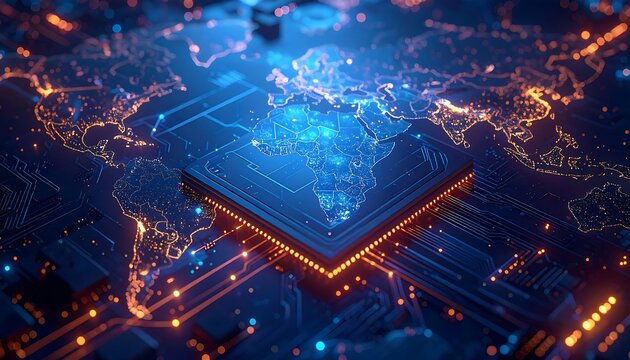 An illuminating, stylized rendering depicts a world map woven into a circuit board design. It symbolizes the digital interconnectedness