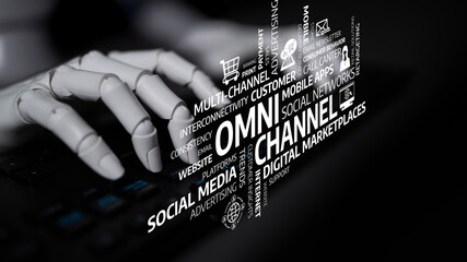 A conceptual image of a robotic hand typing on a keyboard, illustrating the importance of omni-channel strategies in digital marketing and social media engagement. Tessel