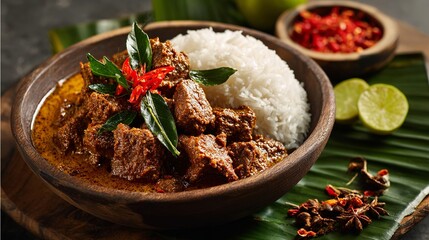 Delicious beef rendang with rice in wooden bowl, a vibrant Indonesian culinary delight perfect for food blogs
