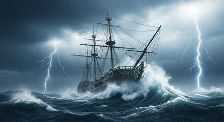 Obraz premium Vintage sailing ship battling a powerful storm with lightning strikes and crashing waves. Historical boat in rough sea weather concept.