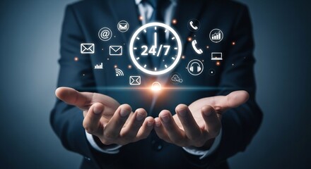 Professional businessman offering 24/7 global business support and communication services