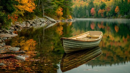 Peaceful autumn scene of a wooden rowboat floating on a calm lake reflecting vibrant fall foliage