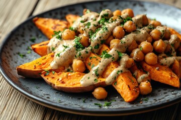 Sweet potato wedges topped with creamy chickpeas and herbs served on a rustic plate in a cozy dining setting